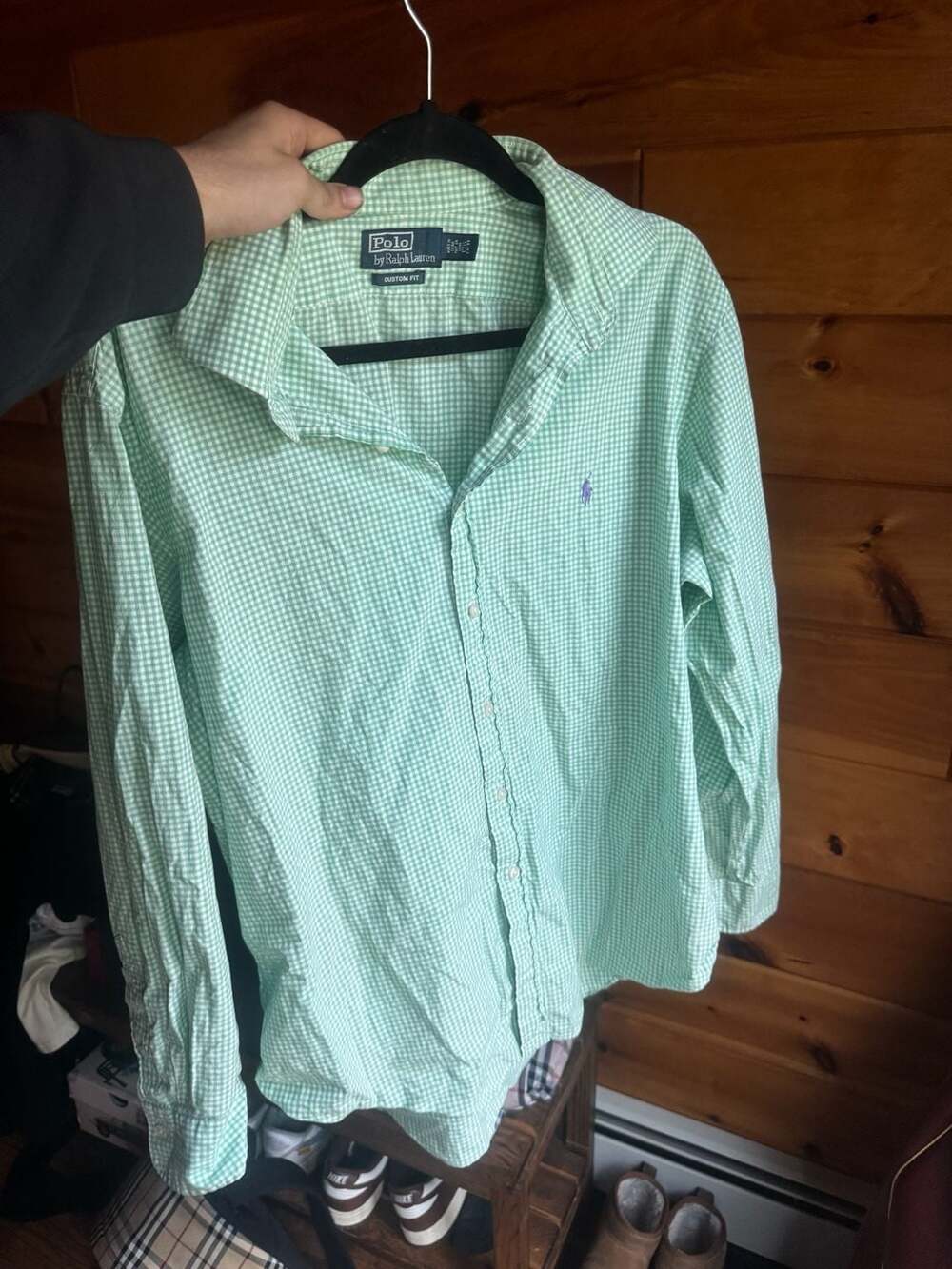Polo Ralph Lauren Green Gingham Stretch Poplin Shirt Size 17.5 Custom Fit